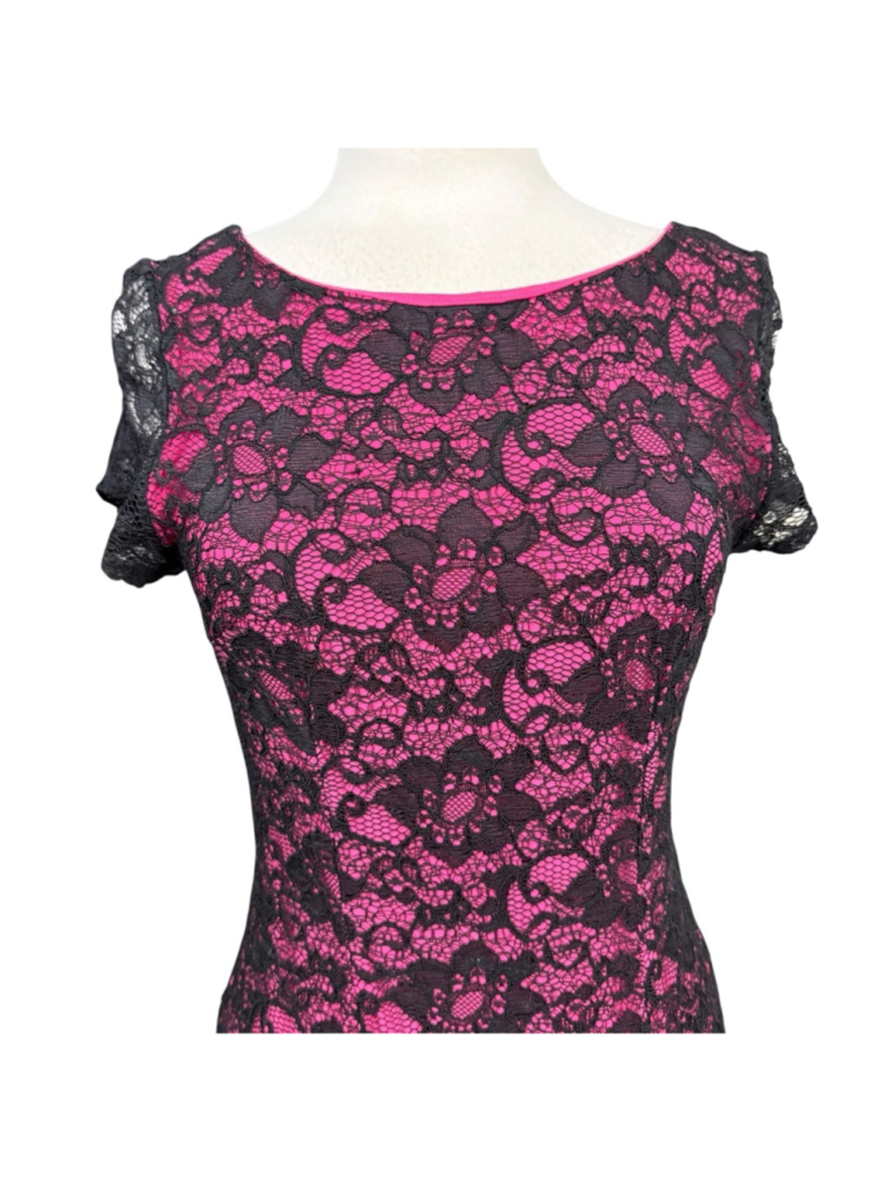 Women's Bebe Pink & Black Lace Short Sleeve Dress M - Picture 2 of 8